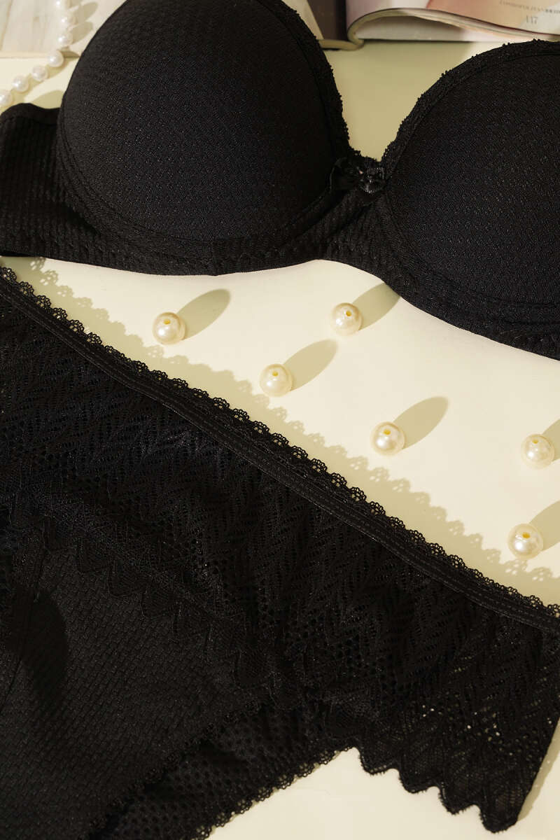 Padded Jacquard Bra Set with Lace - Black