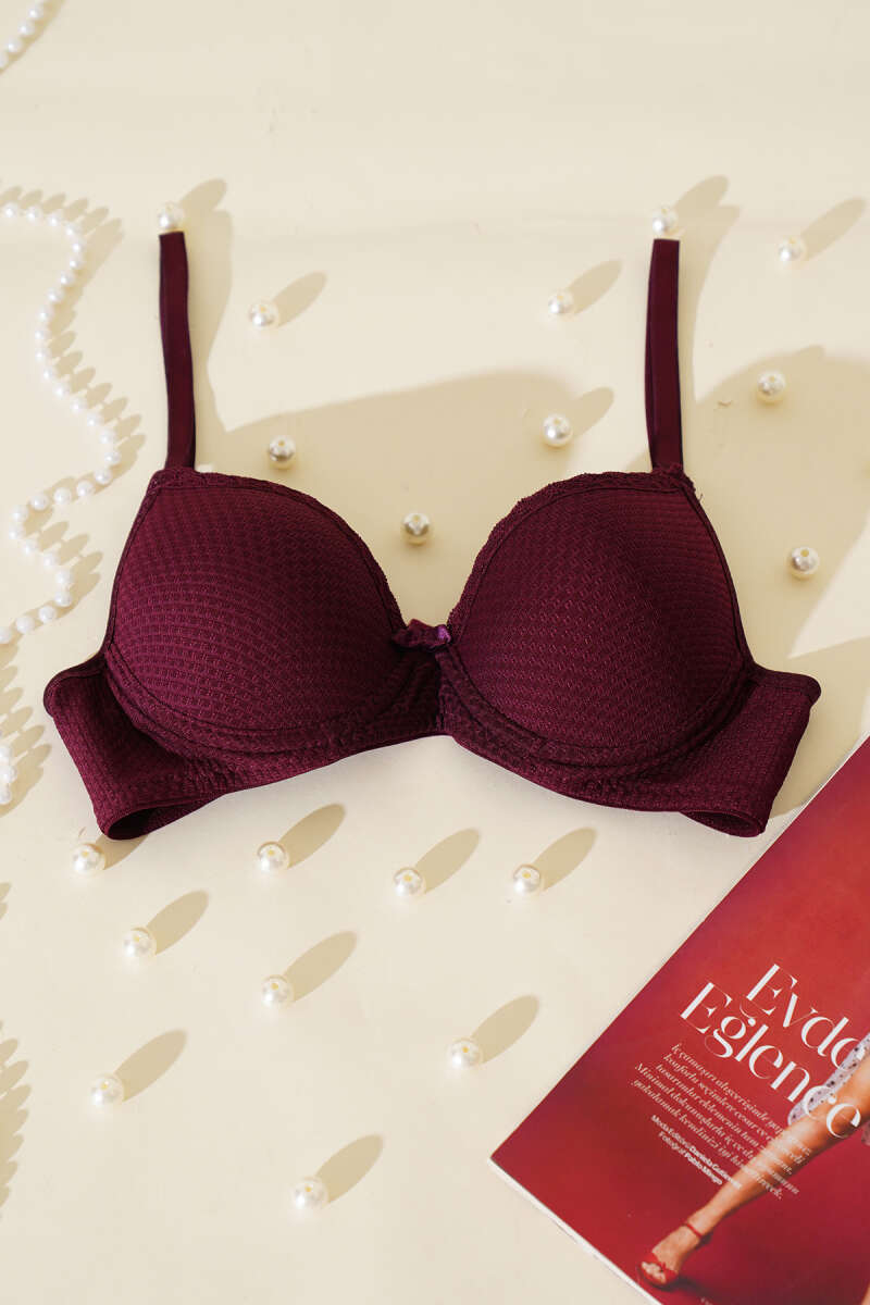 Unpadded Jacquard Bra with Lace Detail - Dark Plum
