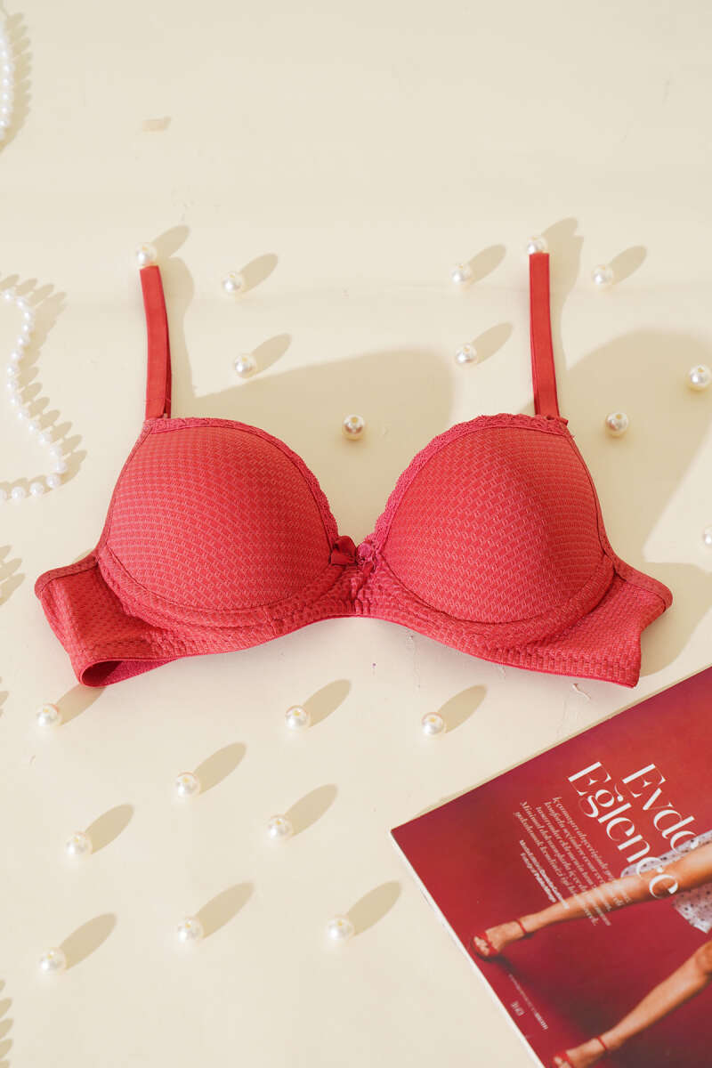 Unpadded Jacquard Bra with Lace Detail - Pomegranate
