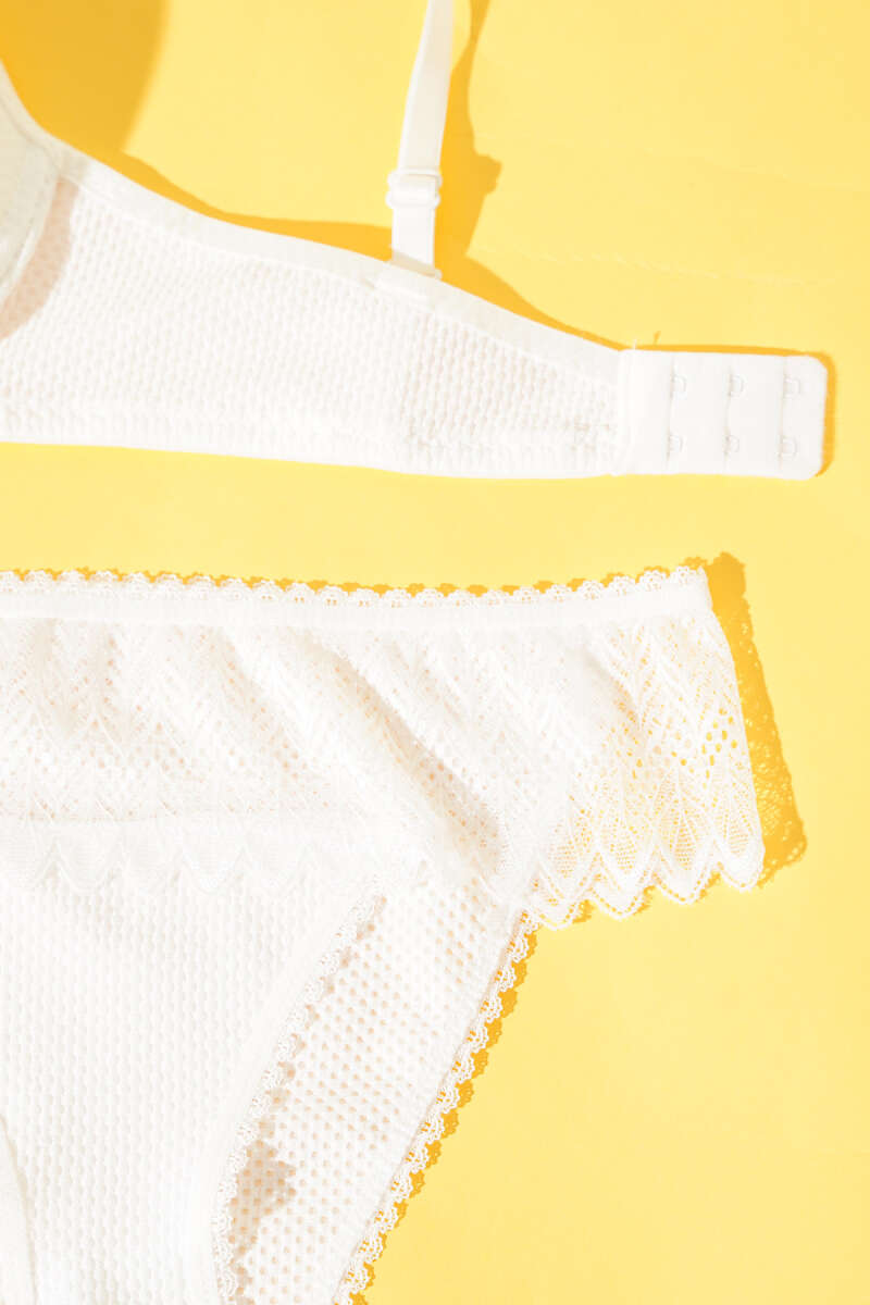 Unpadded Jacquard Bra Set with Lace - Ecru