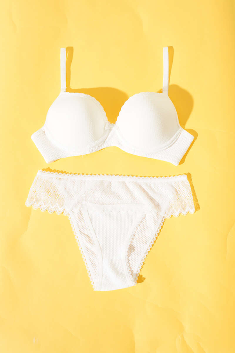 Unpadded Jacquard Bra Set with Lace - Ecru