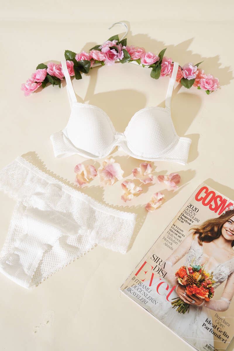 Unpadded Jacquard Bra Set with Lace - Ecru