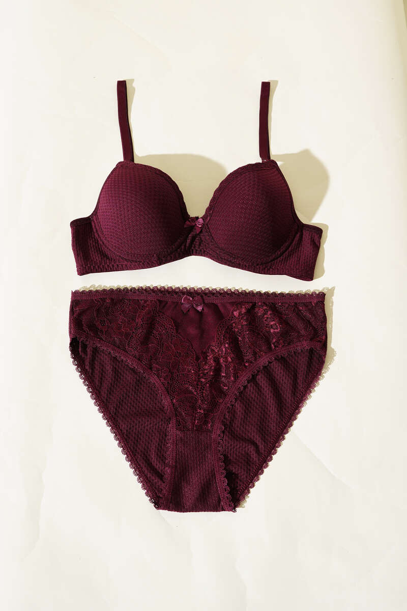 Unpadded Jacquard Bra Set with Lace - Dark Plum