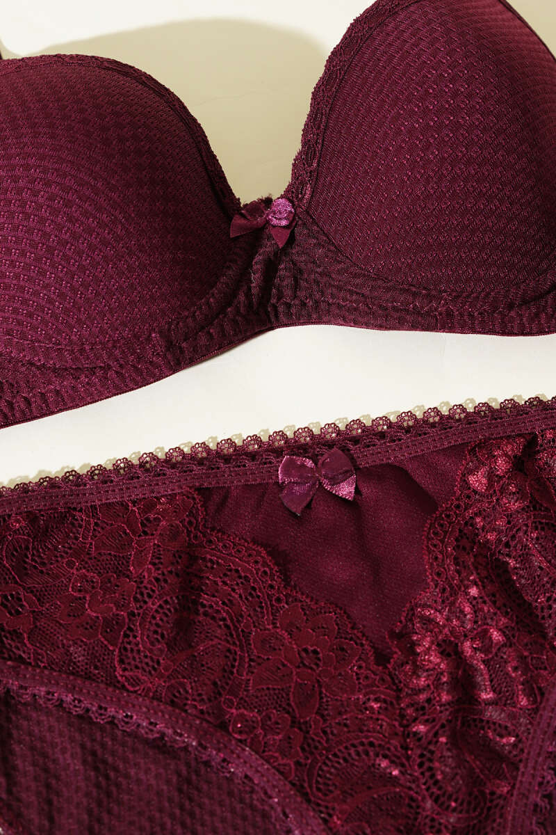 Unpadded Jacquard Bra Set with Lace - Dark Plum