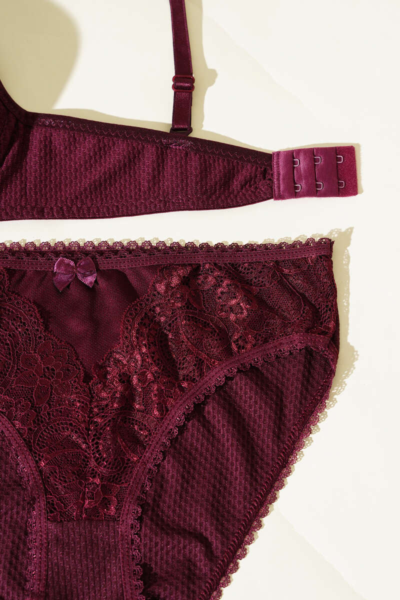 Unpadded Jacquard Bra Set with Lace - Dark Plum