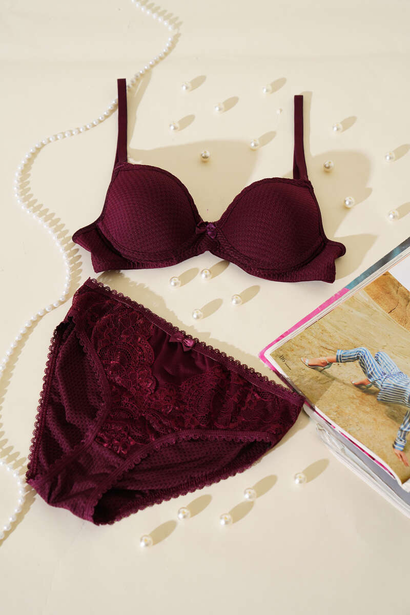 Unpadded Jacquard Bra Set with Lace - Dark Plum