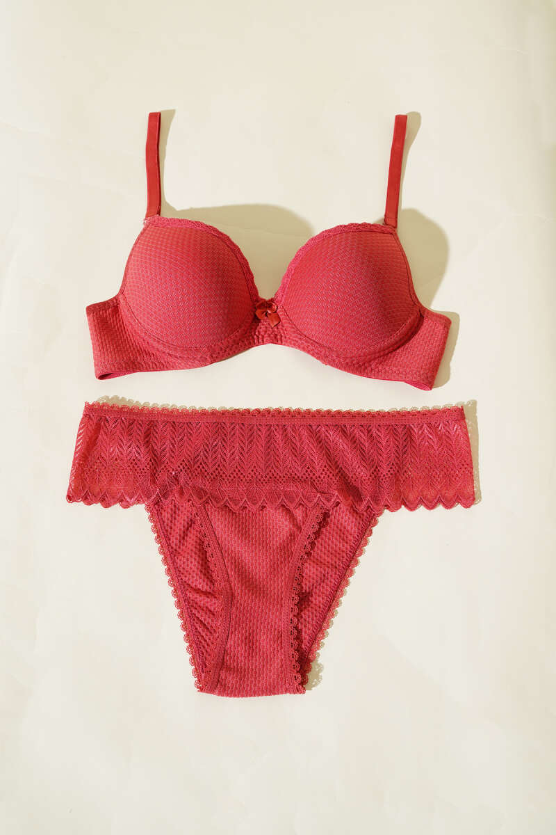 Unpadded Jacquard Bra Set with Lace - Pomegranate