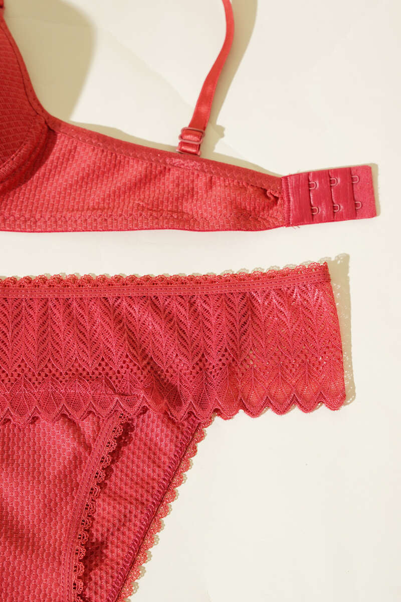 Unpadded Jacquard Bra Set with Lace - Pomegranate