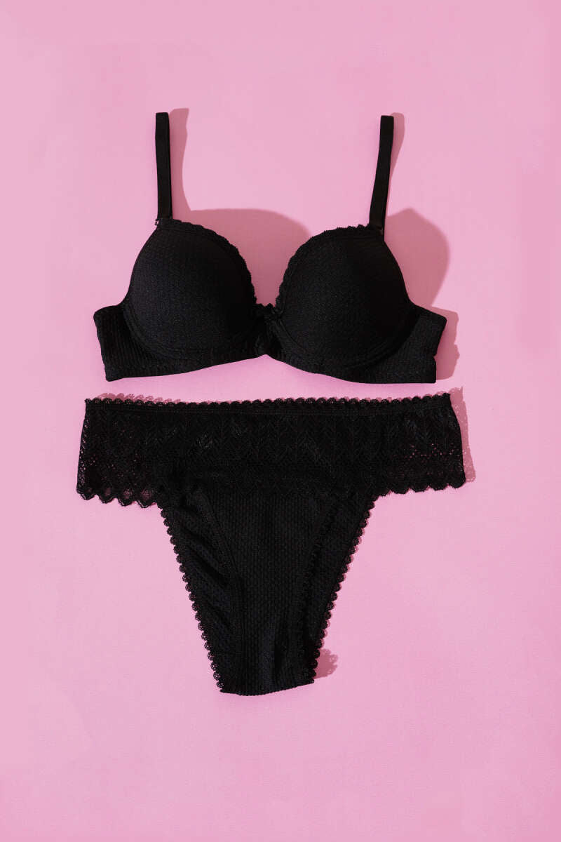 Unpadded Jacquard Bra Set with Lace - Black