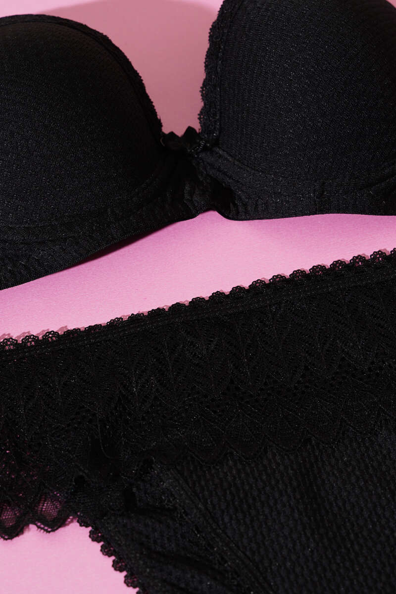 Unpadded Jacquard Bra Set with Lace - Black