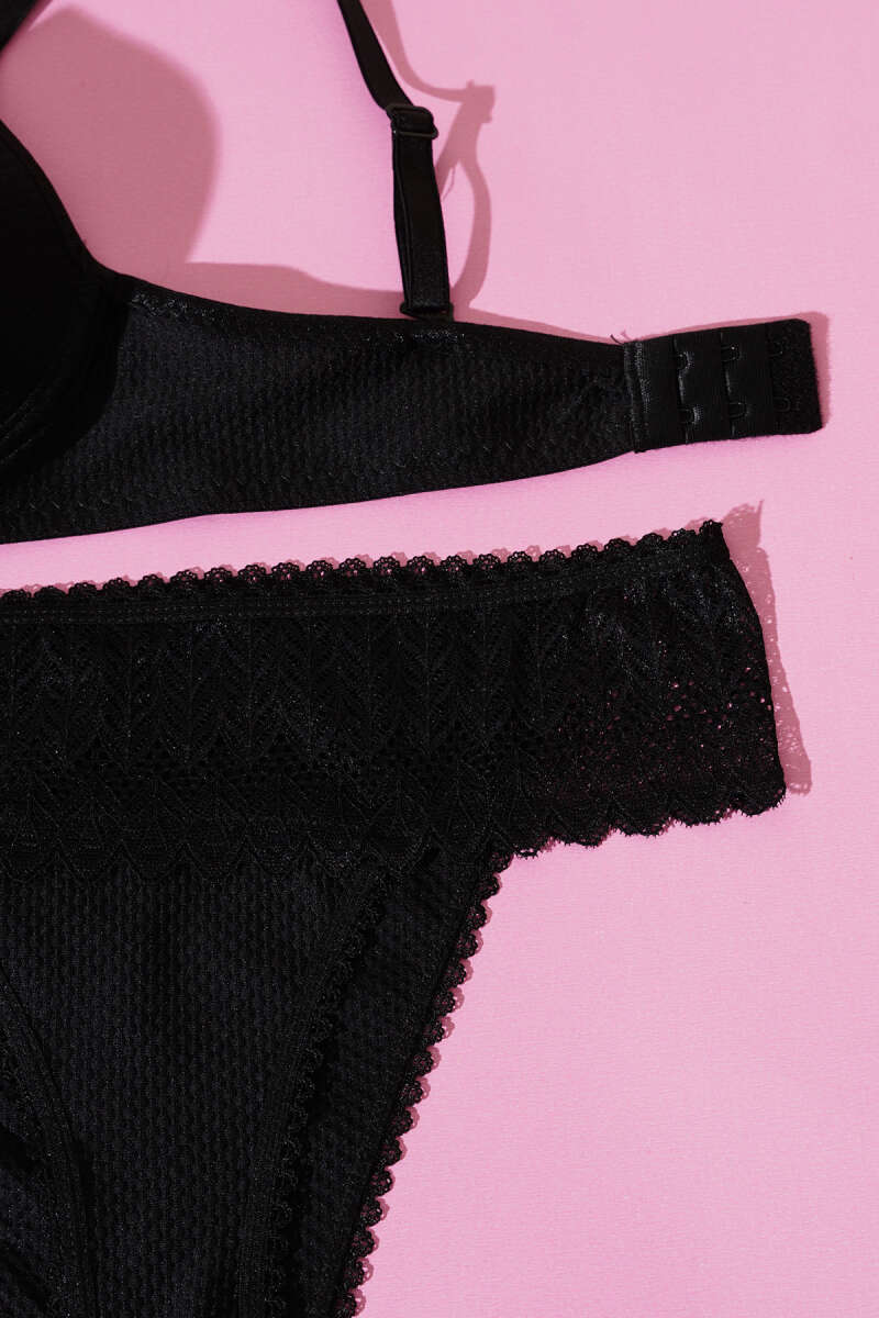 Unpadded Jacquard Bra Set with Lace - Black