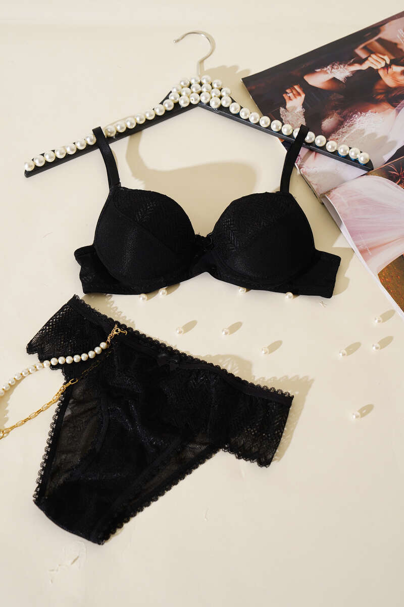 Unpadded Jacquard Bra Set with Lace - Black