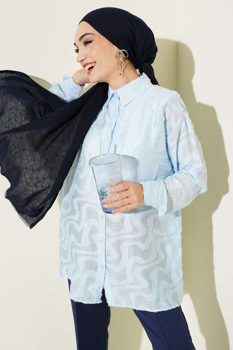 Jacquard Shirt with Tassel Detail - Light Blue