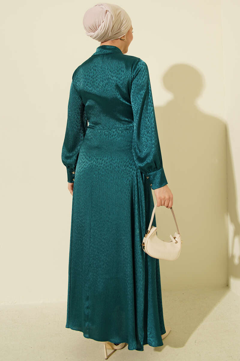 Side-Tie Jacquard Evening Dress - Petrol Green