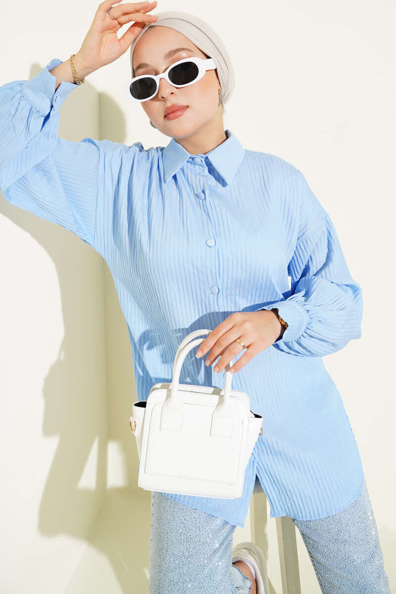 Basic Textured-Stripe Shirt - Light Blue