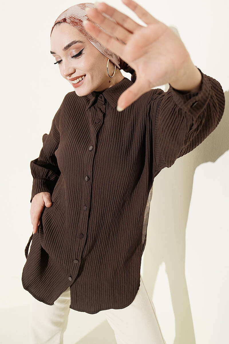 Basic Textured-Stripe Shirt - Brown