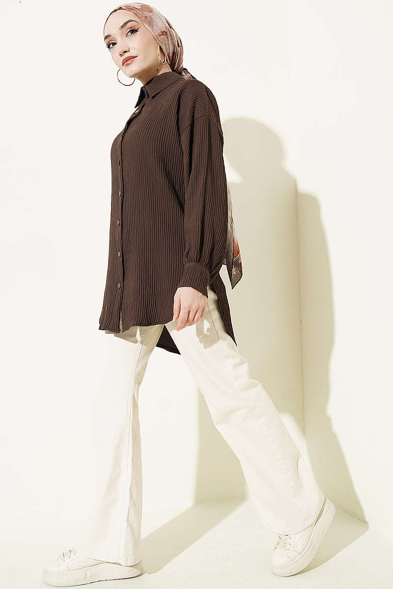 Basic Textured-Stripe Shirt - Brown
