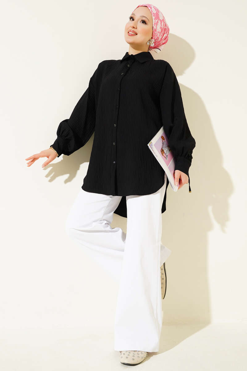 Basic Textured-Stripe Shirt - Black