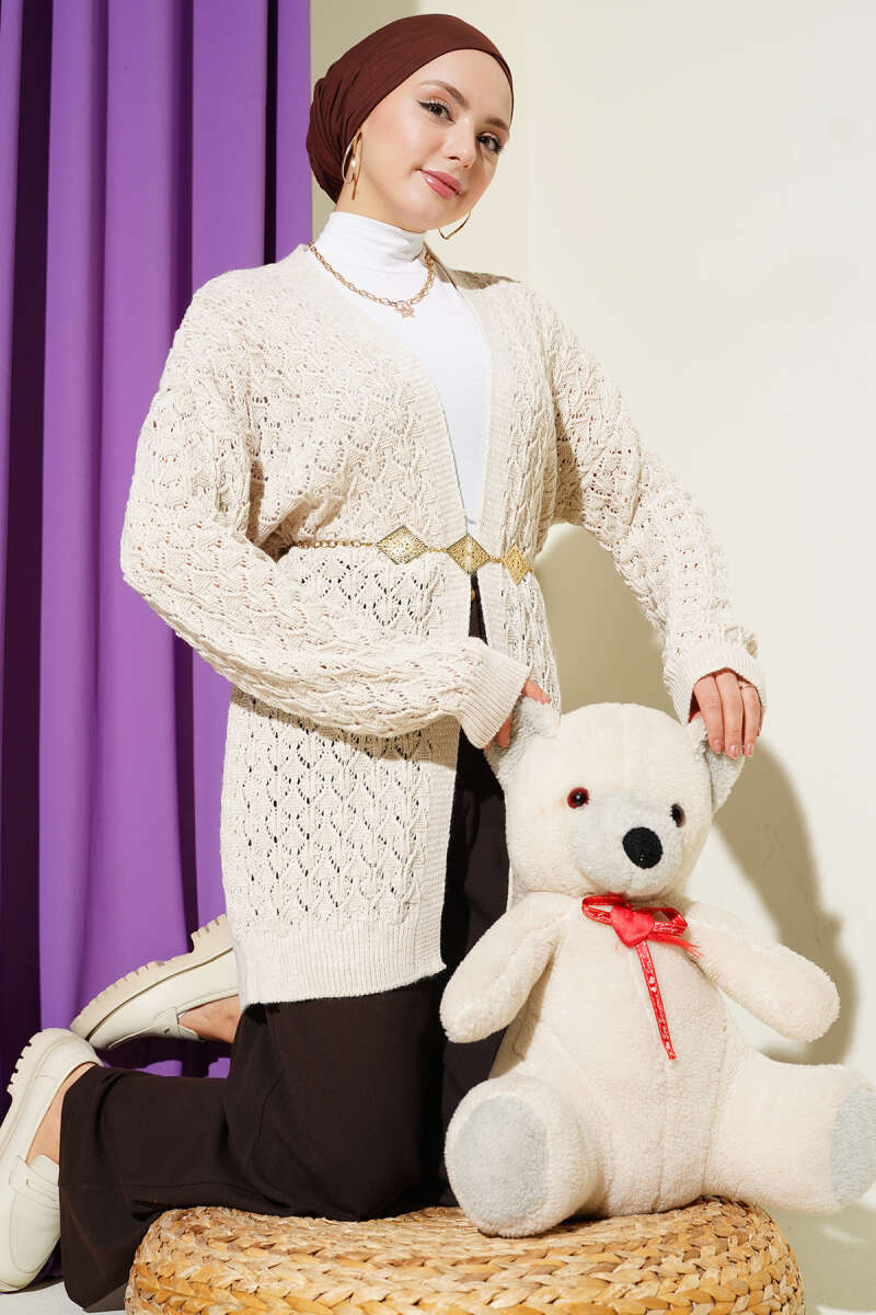 Mid-Length Textured Knit Cardigan - Beige