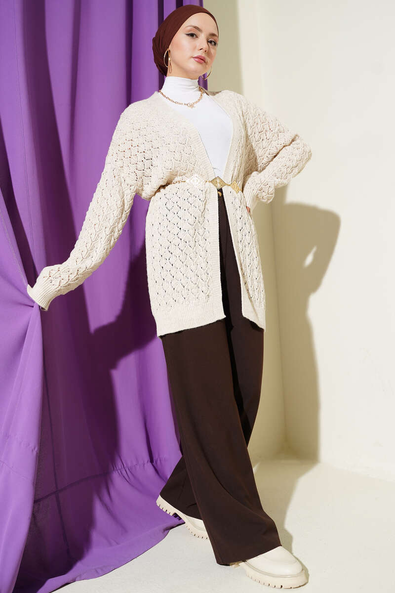 Mid-Length Textured Knit Cardigan - Beige