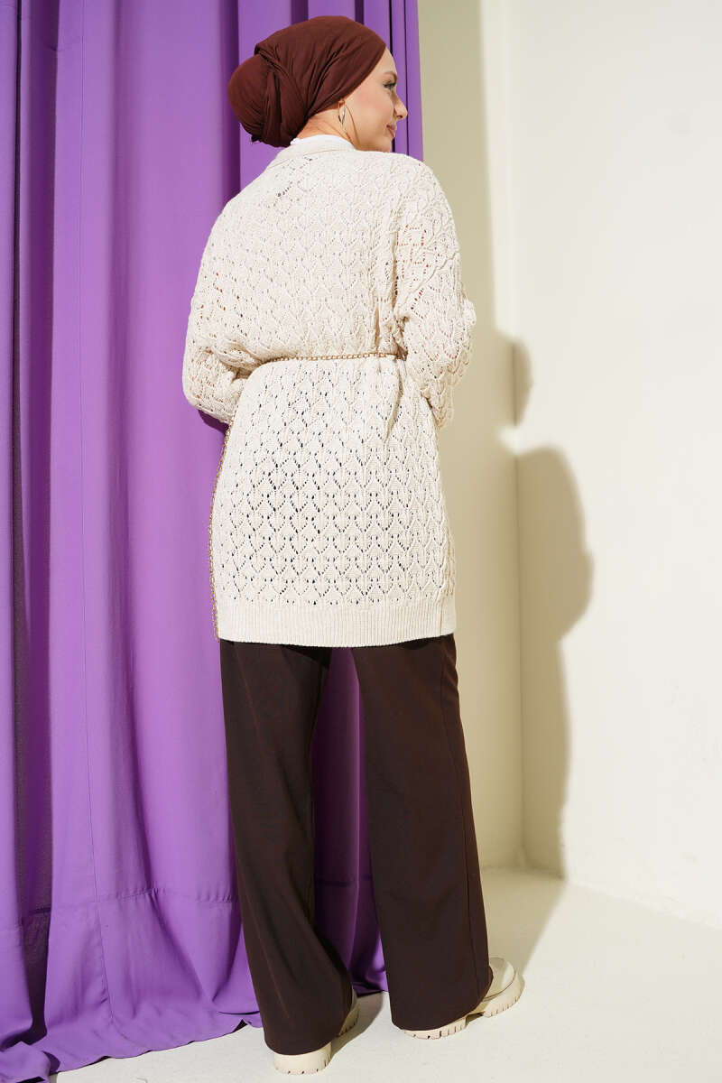Mid-Length Textured Knit Cardigan - Beige