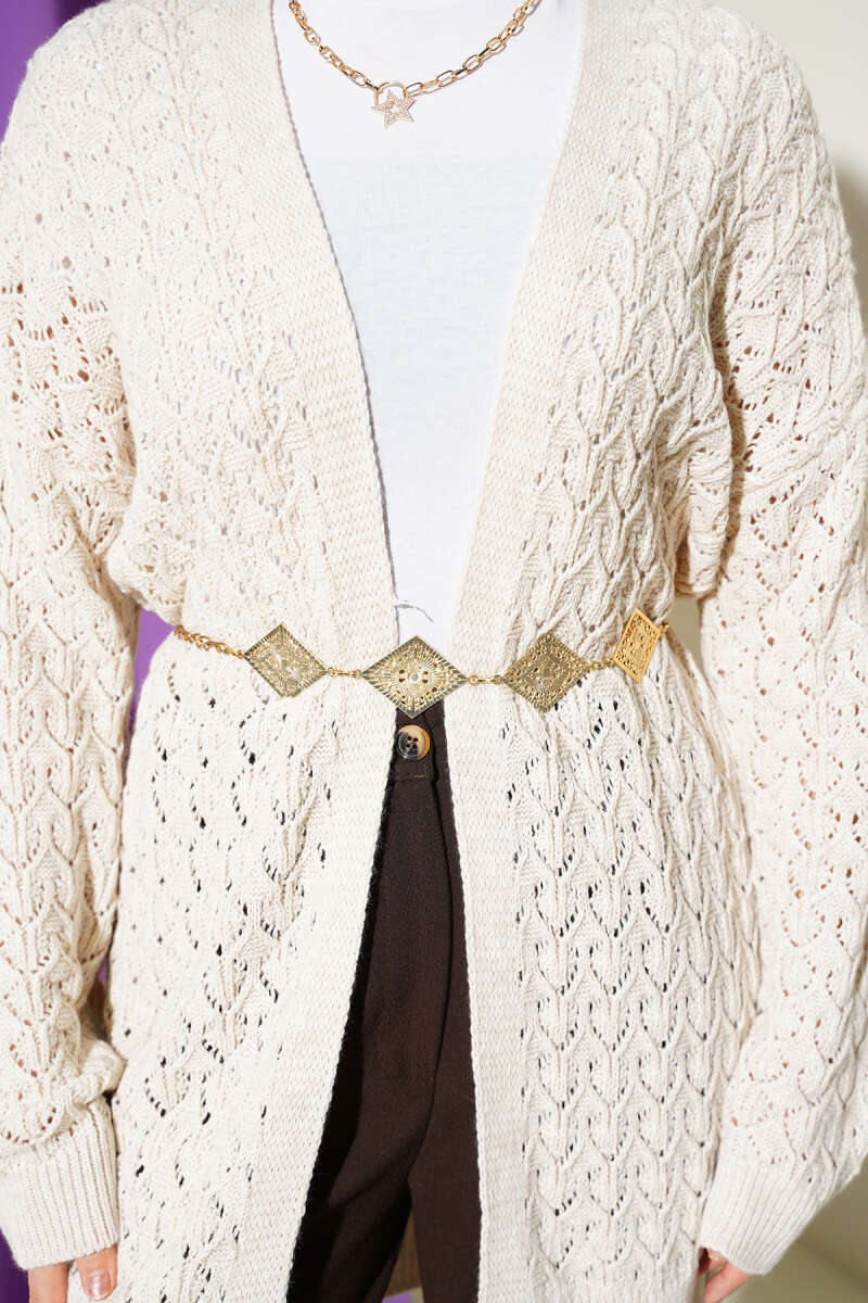 Mid-Length Textured Knit Cardigan - Beige