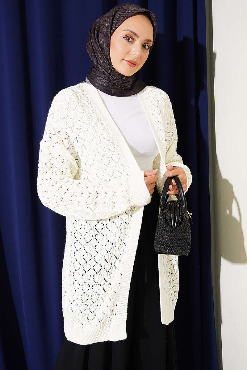 Mid-Length Textured Knit Cardigan - Ecru