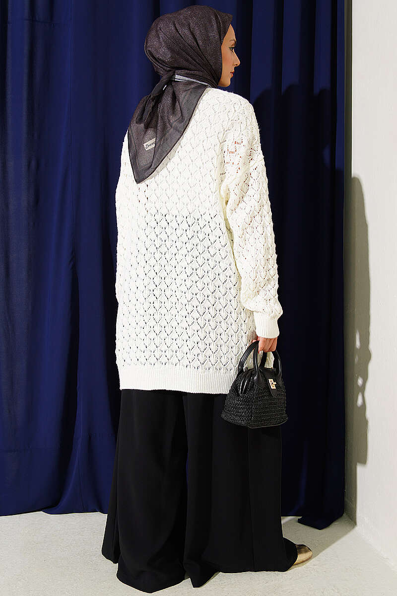Mid-Length Textured Knit Cardigan - Ecru