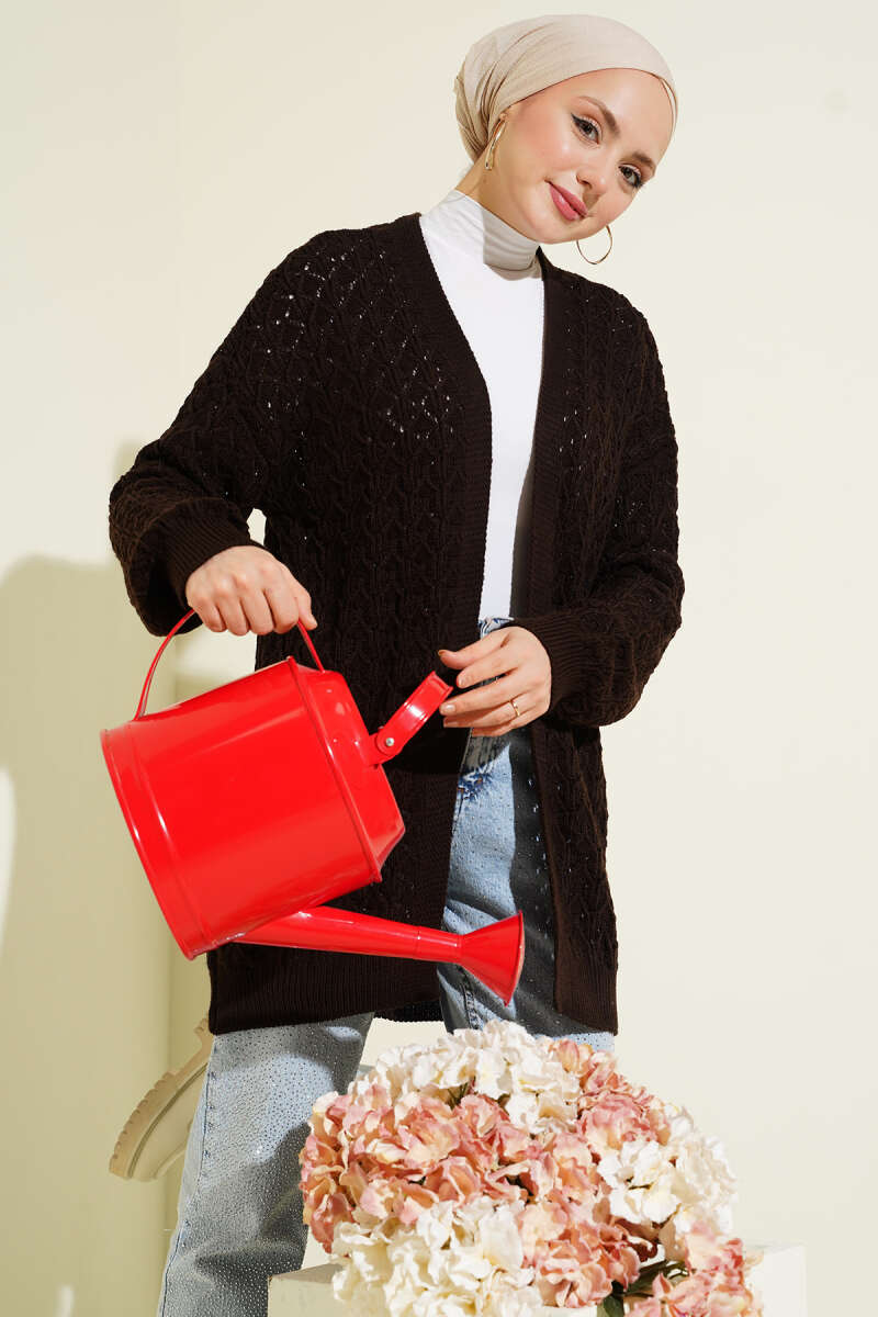 Mid-Length Textured Knit Cardigan - Brown