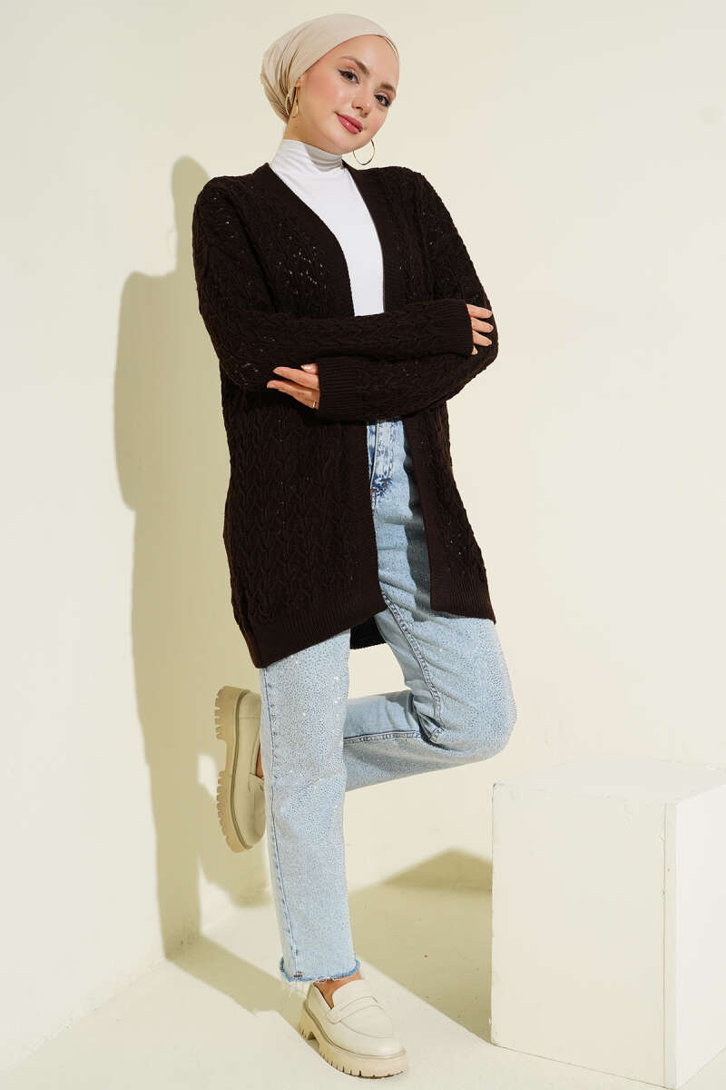 Mid-Length Textured Knit Cardigan - Brown