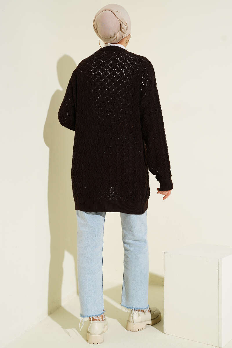 Mid-Length Textured Knit Cardigan - Brown