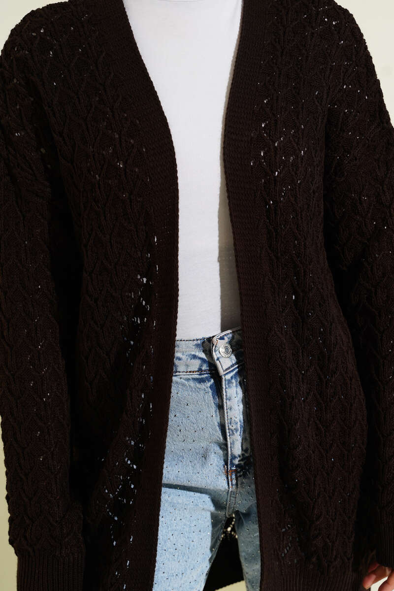 Mid-Length Textured Knit Cardigan - Brown