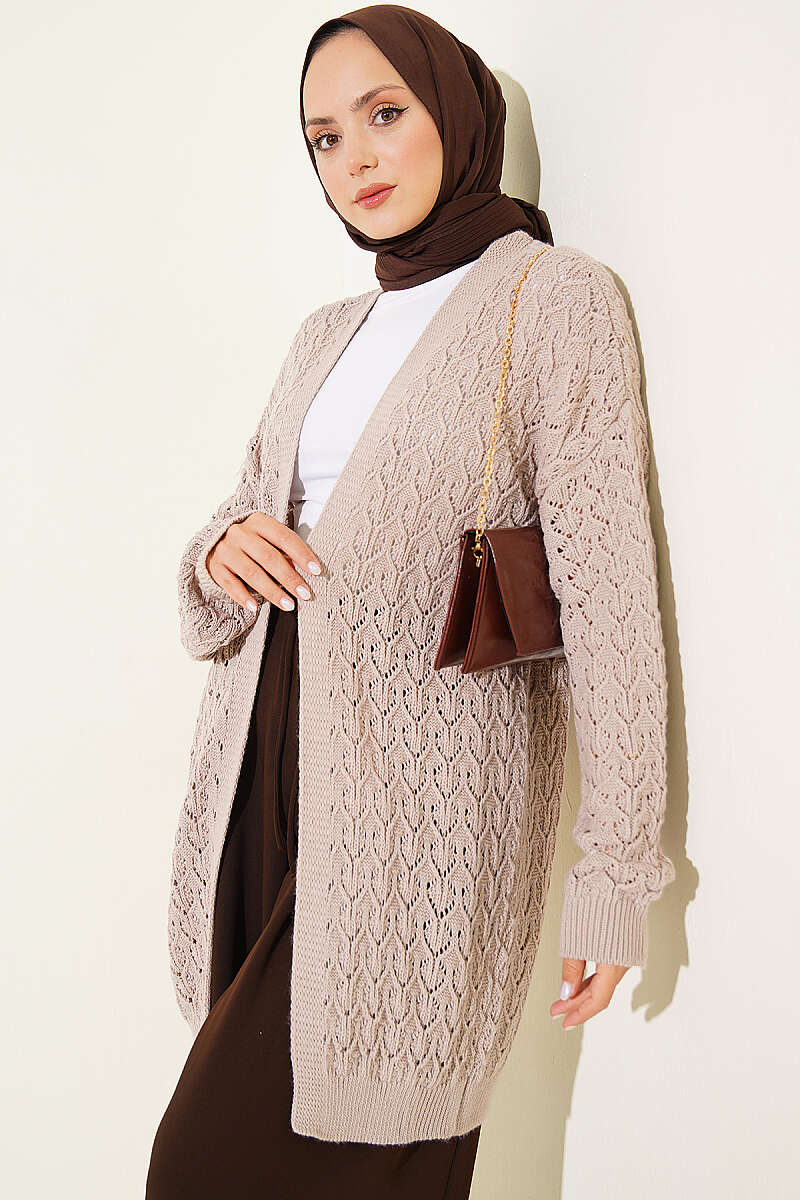 Mid-Length Textured Knit Cardigan - Mink