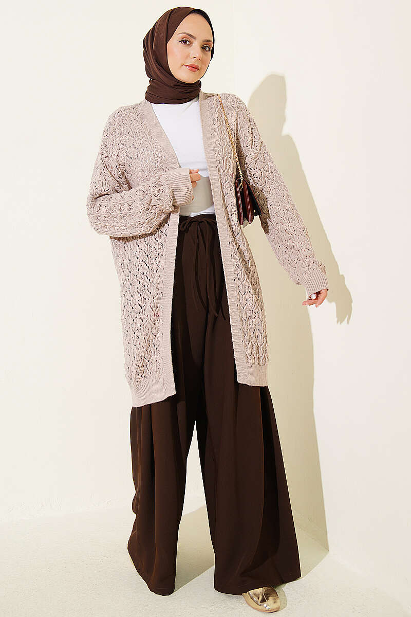 Mid-Length Textured Knit Cardigan - Mink