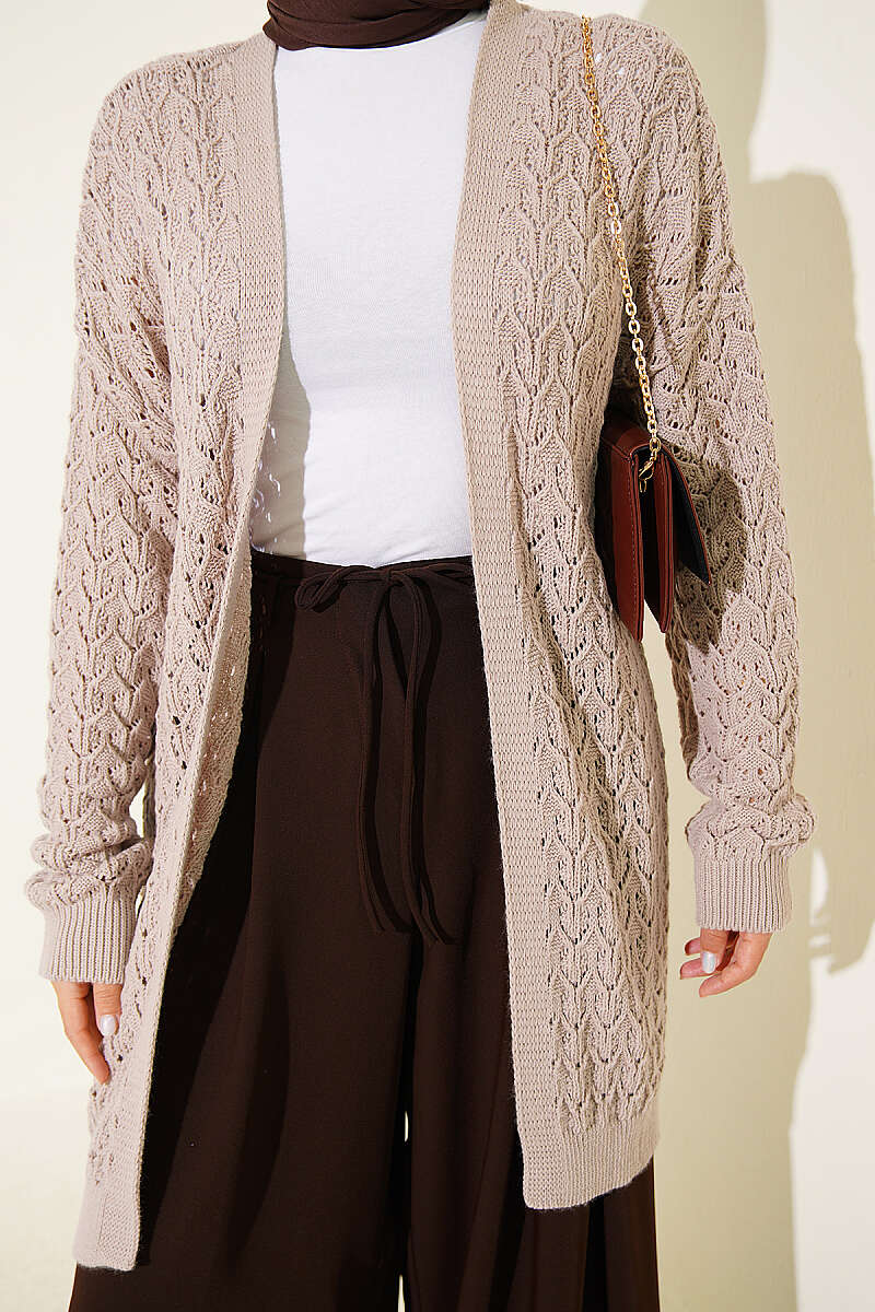Mid-Length Textured Knit Cardigan - Mink