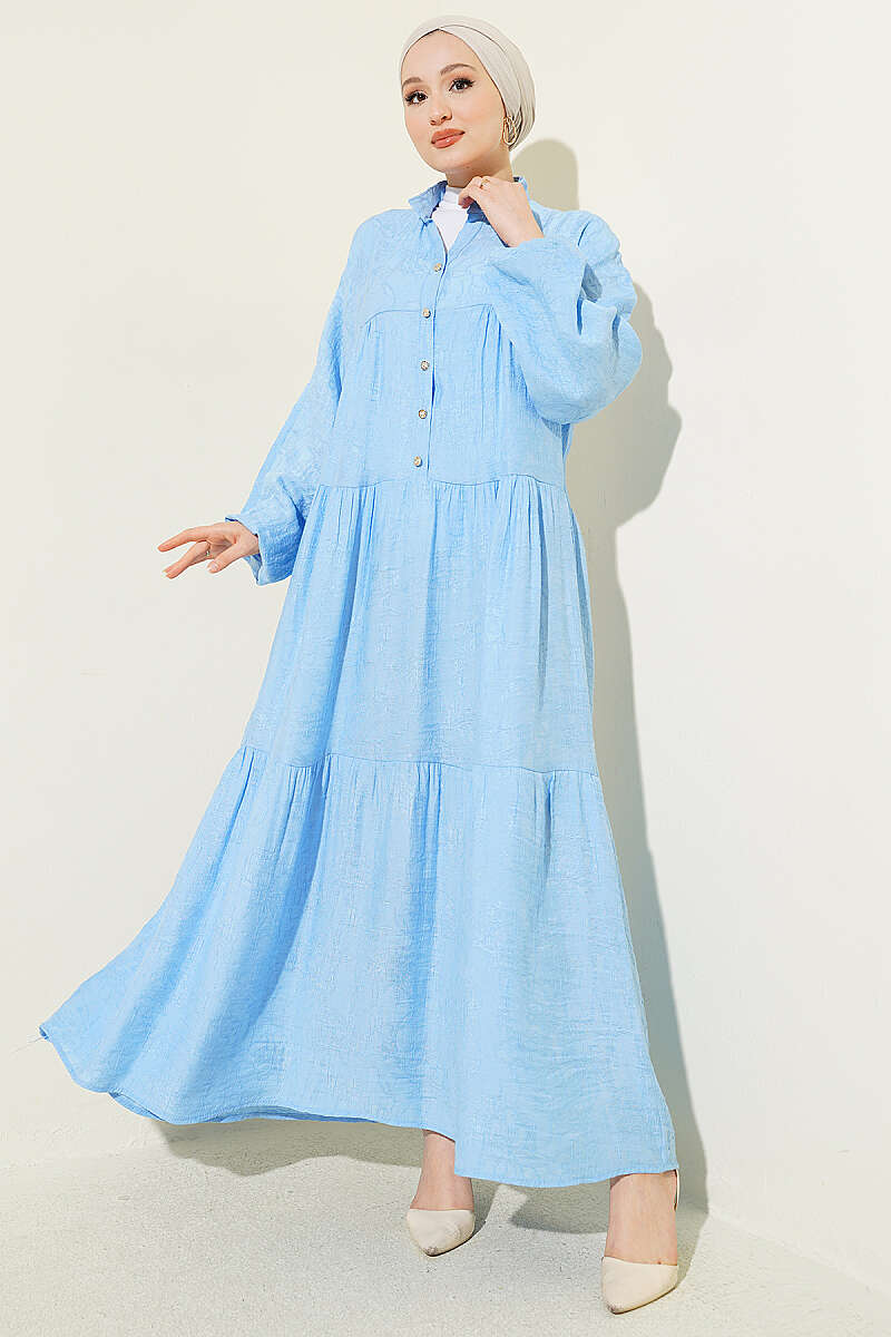 Tiered Embossed Button Dress - Light Blue