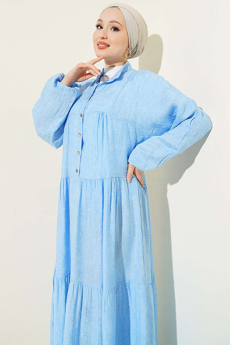 Tiered Embossed Button Dress - Light Blue