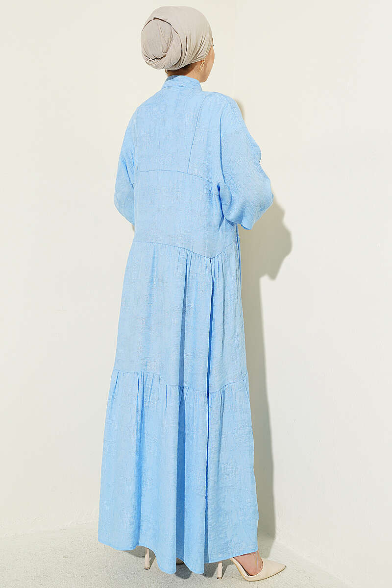 Tiered Embossed Button Dress - Light Blue