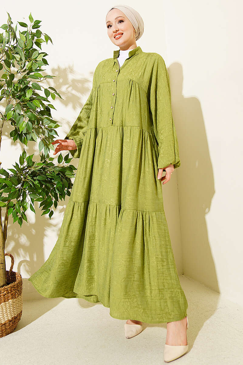 Tiered Embossed Button Dress - Almond Green