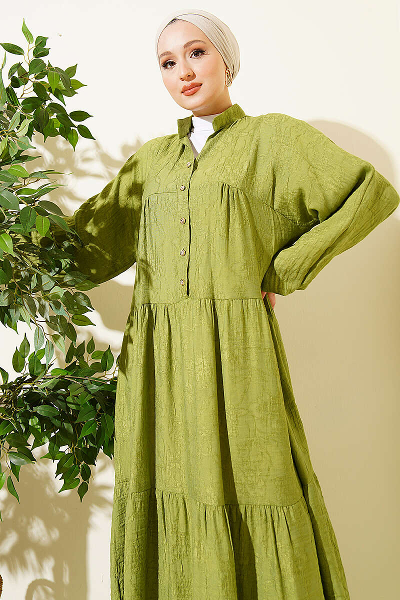 Tiered Embossed Button Dress - Almond Green