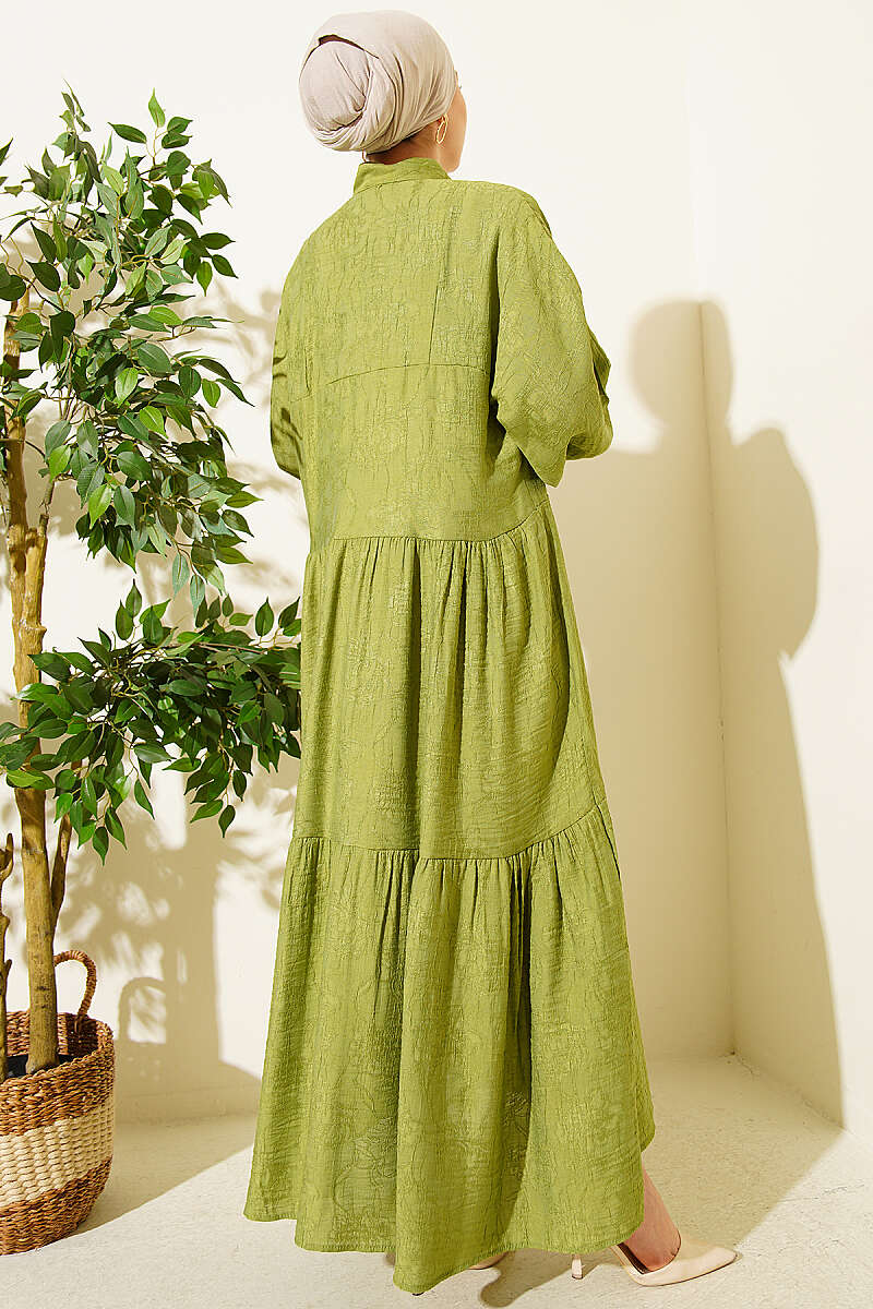 Tiered Embossed Button Dress - Almond Green