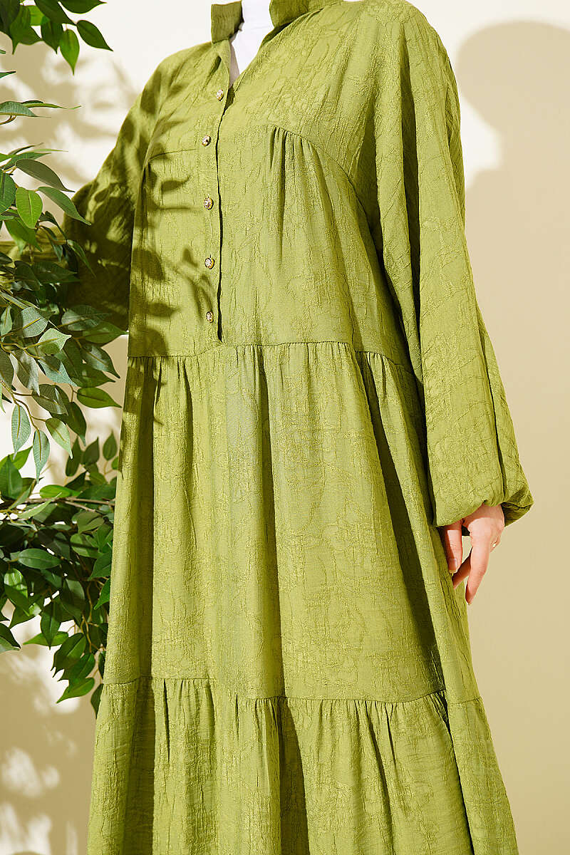 Tiered Embossed Button Dress - Almond Green