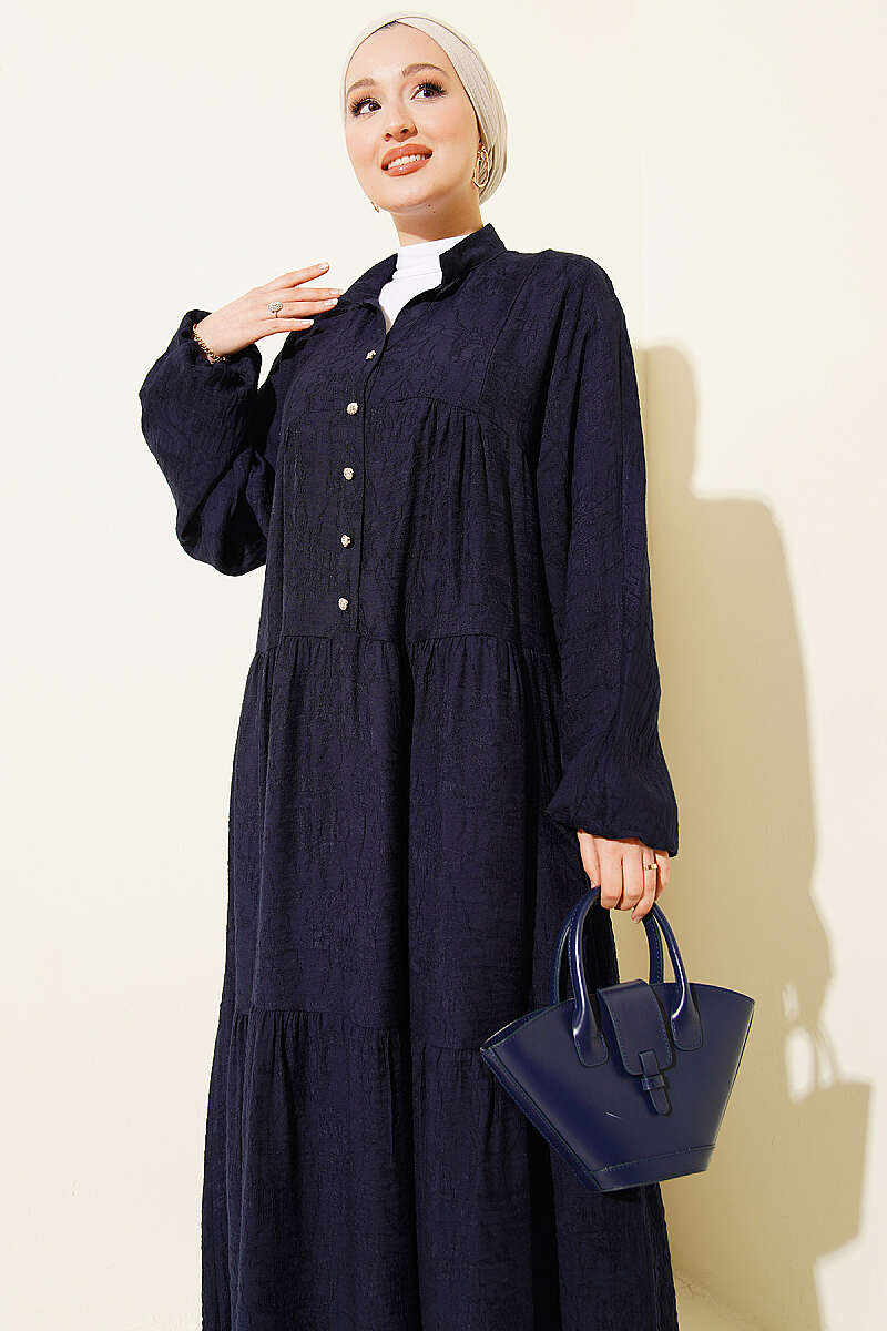 Tiered Embossed Button Dress - Navy