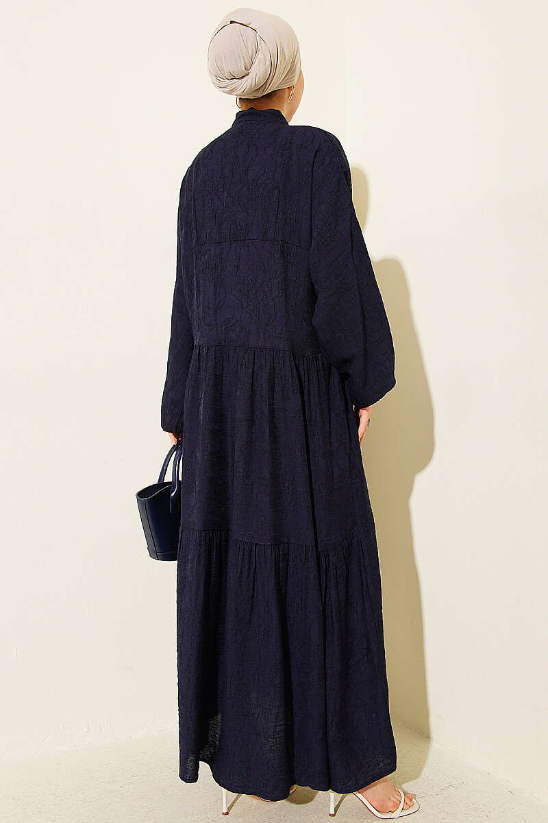 Tiered Embossed Button Dress - Navy