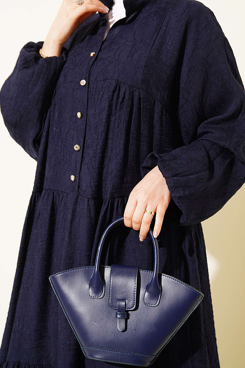 Tiered Embossed Button Dress - Navy