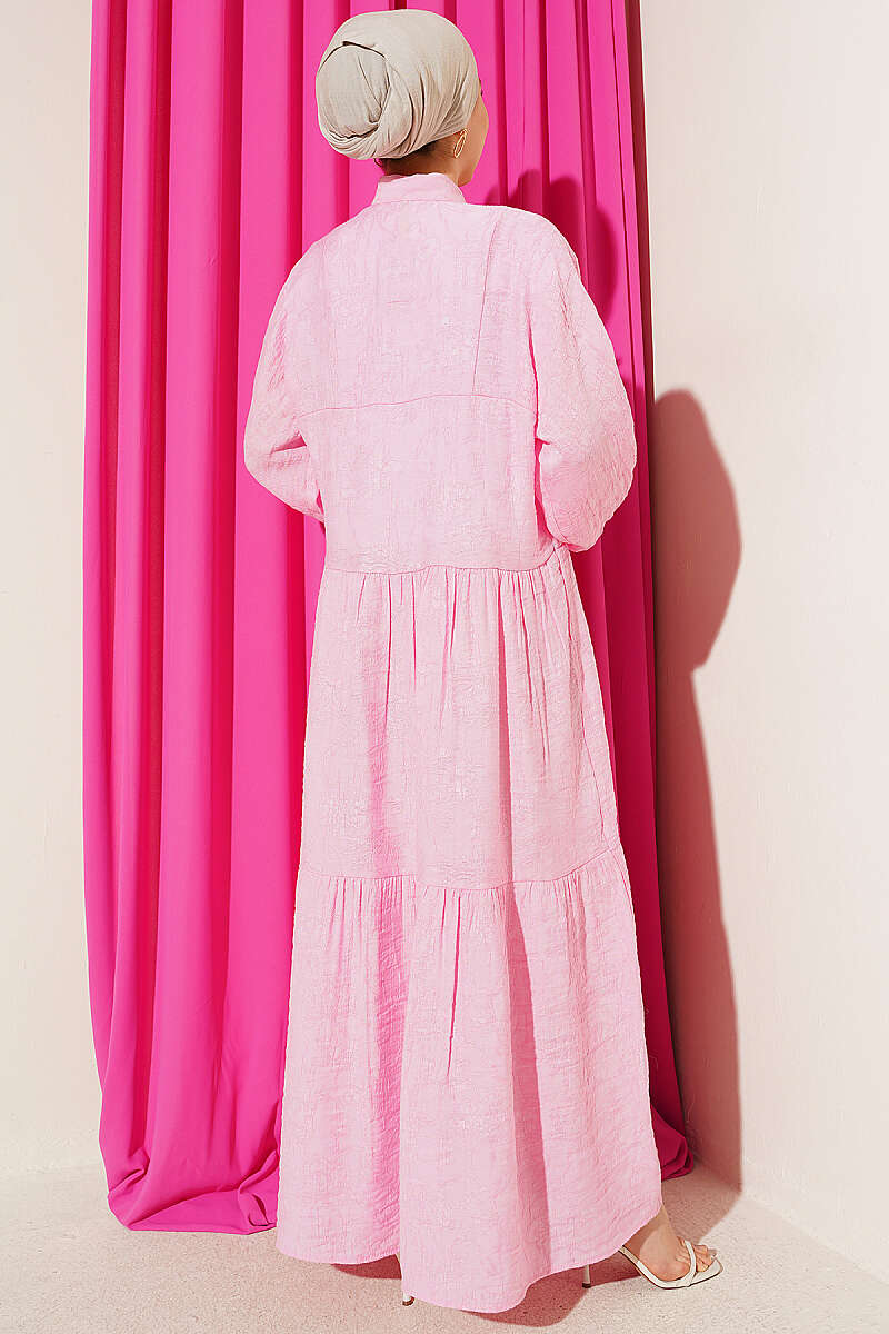Tiered Embossed Button Dress - Pink