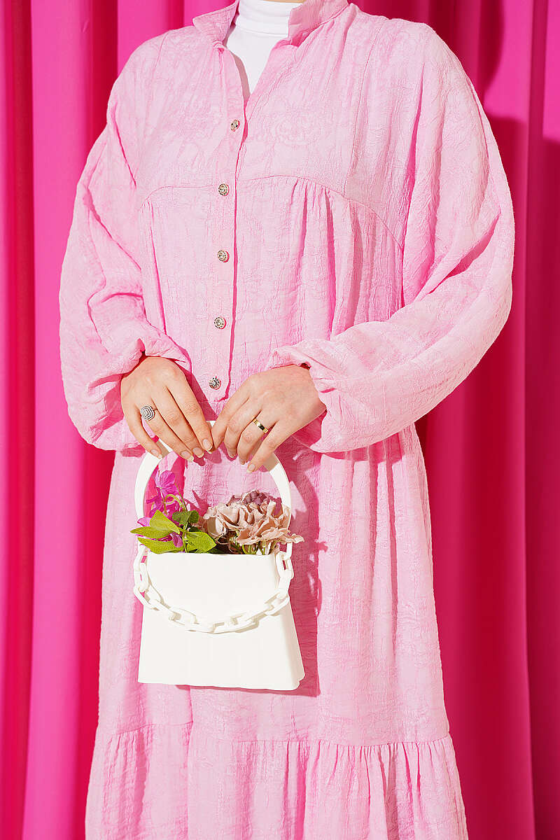 Tiered Embossed Button Dress - Pink