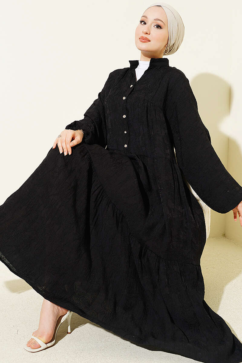 Tiered Embossed Button Dress - Black