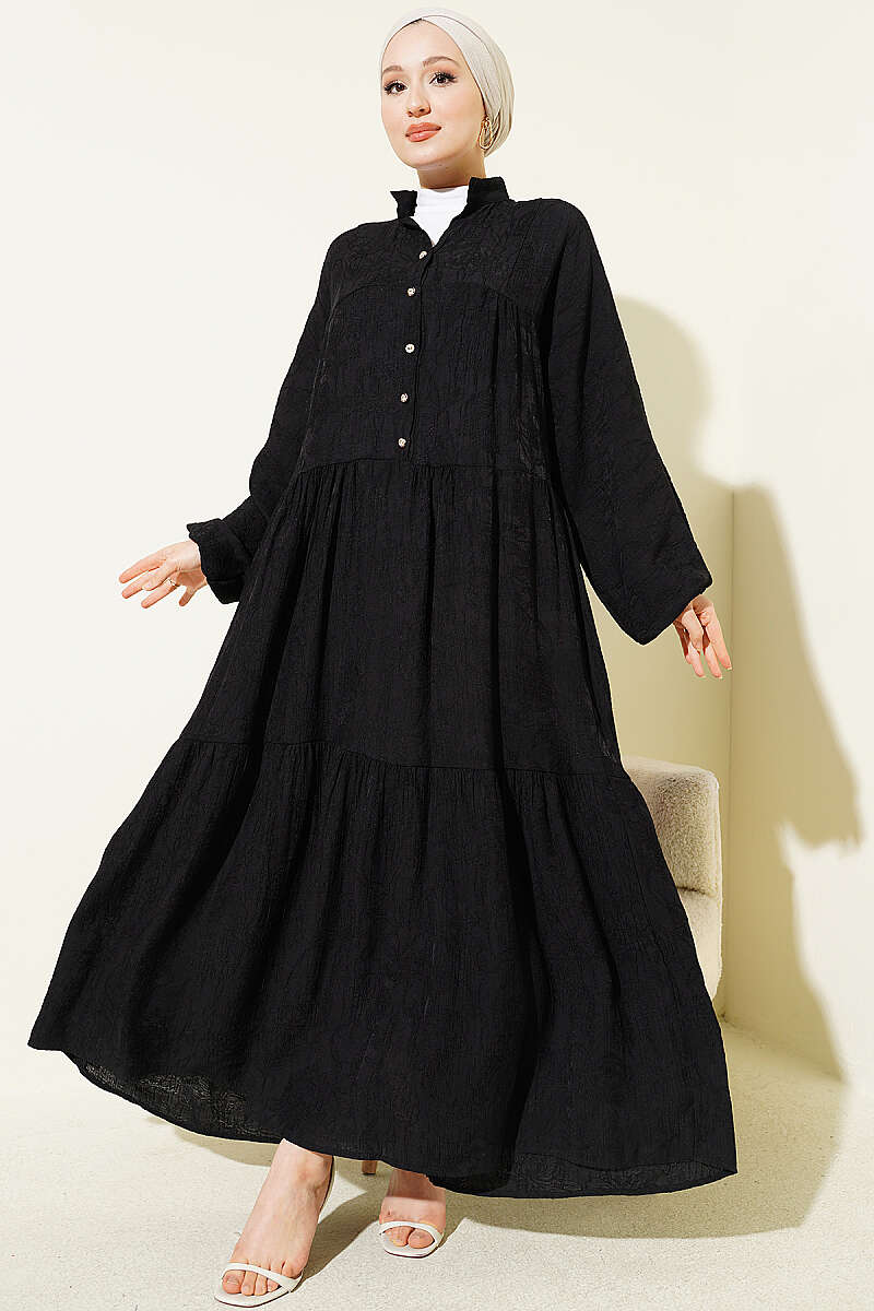 Tiered Embossed Button Dress - Black