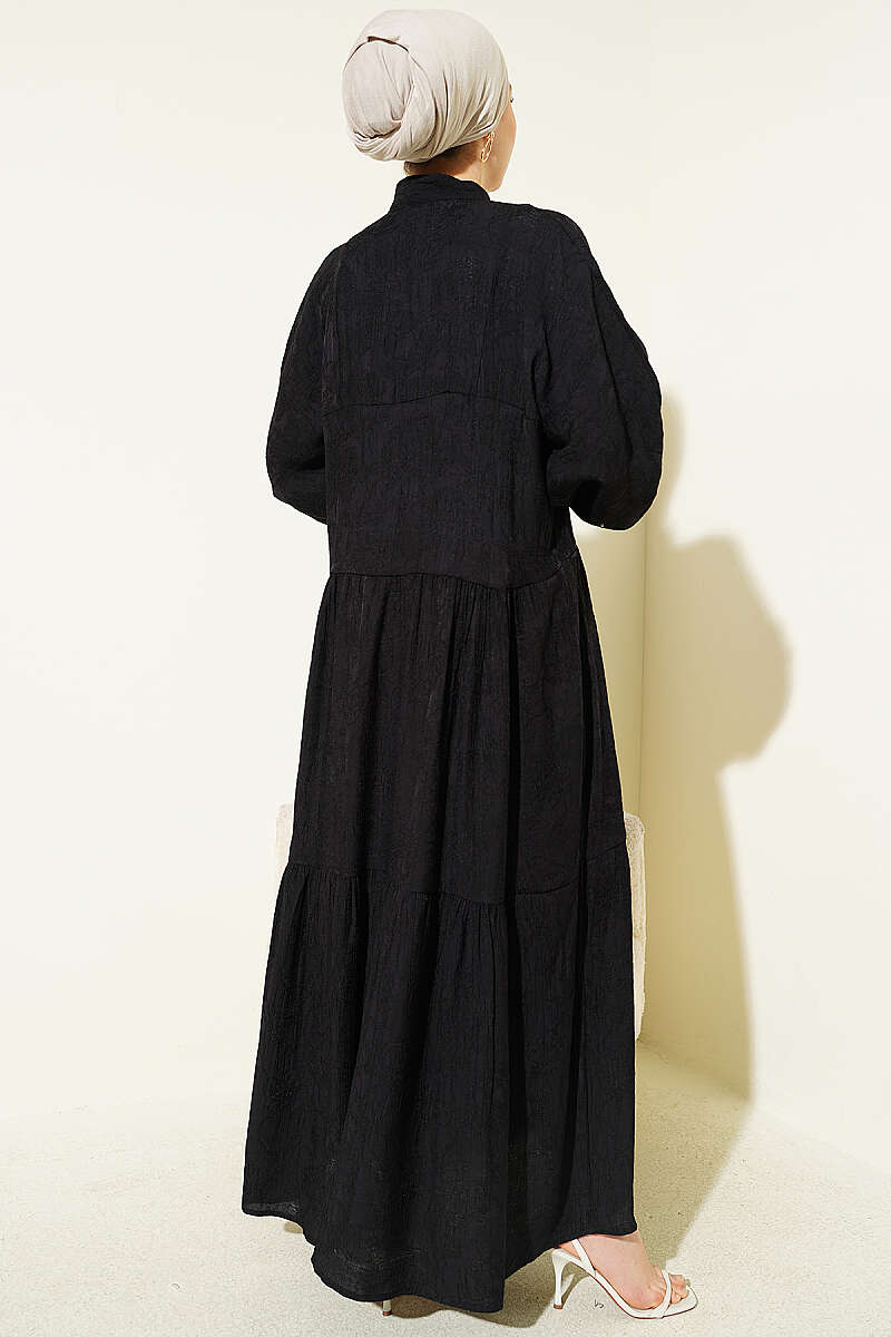 Tiered Embossed Button Dress - Black